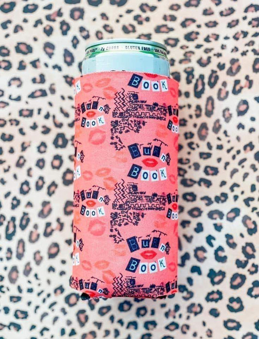 Mean Girls Burn Book print plush koozie for slim and regular cans with hand-sewn design
