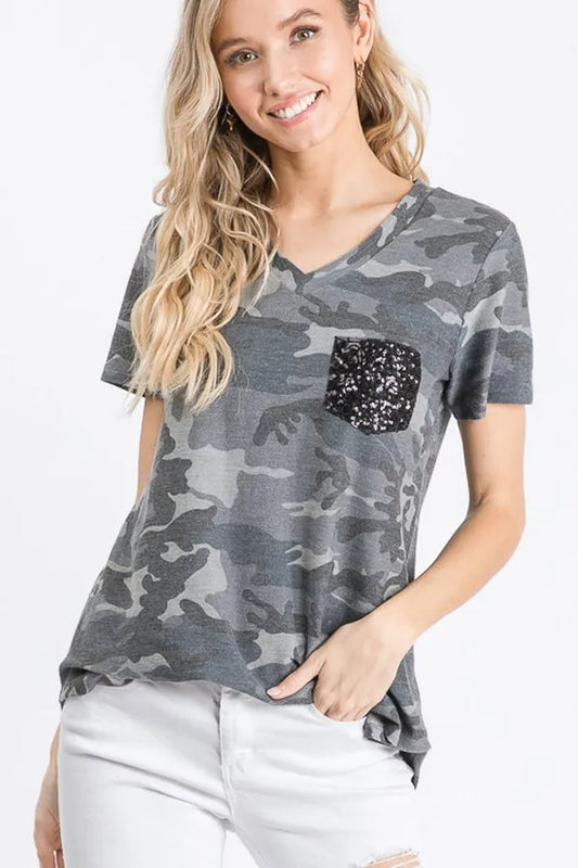 Camo V Neck Full Black Glitter Pocket