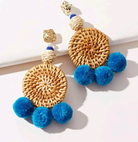 Over The Top Blue Pom and Weaved Circle Earrings - The Bling Barn