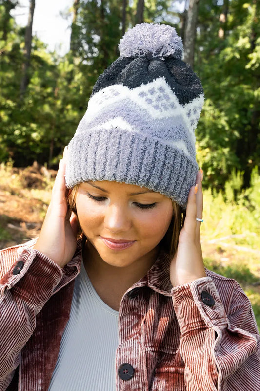 Cozy Cuddles Gray Faire Isle Pom Pom Beanie