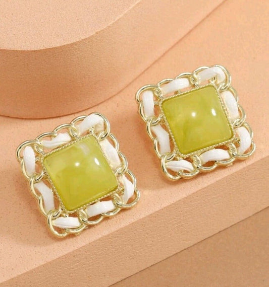 Ribbon And Gems Square Earrings In Yellow-Green - The Bling Barn