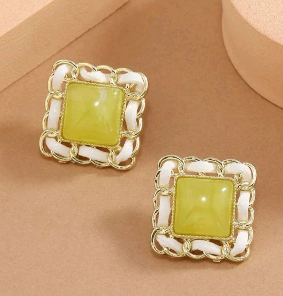Ribbon And Gems Square Earrings In Yellow-Green - The Bling Barn