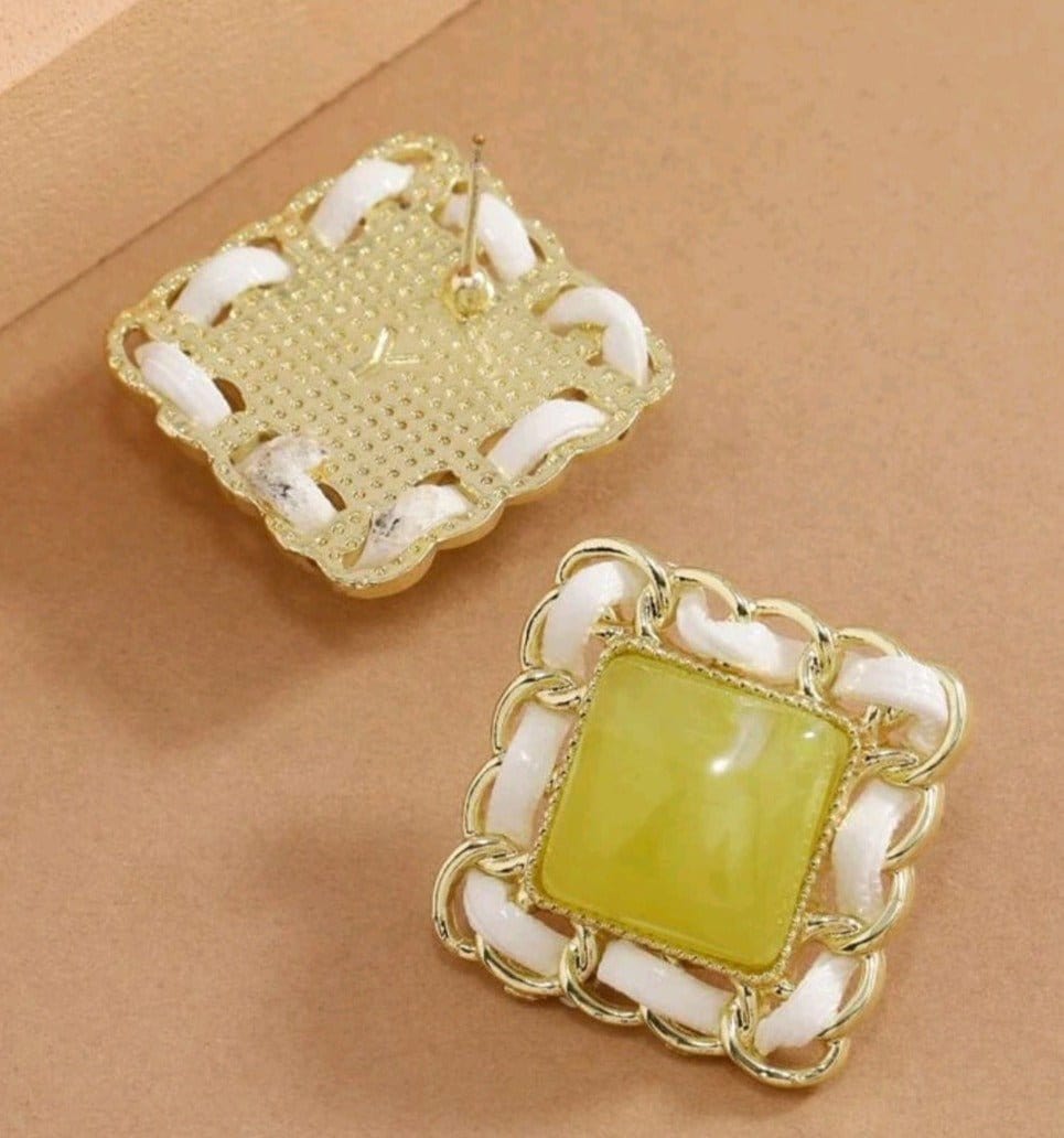 Ribbon And Gems Square Earrings In Yellow-Green - The Bling Barn