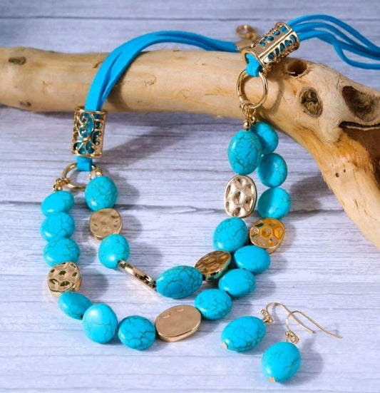 Turquoise and Hammered Metal Double Layer Necklace Set - The Bling Barn