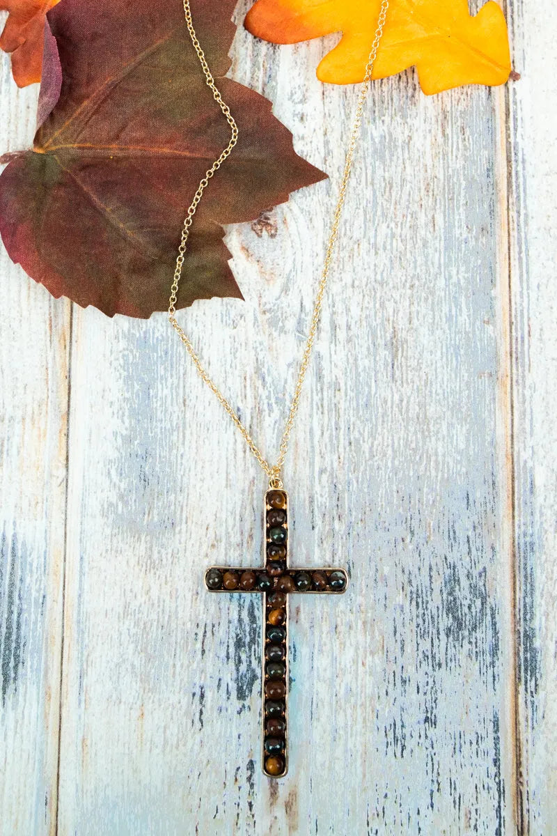 Alix Brown Stone Goldtone Cross Necklace