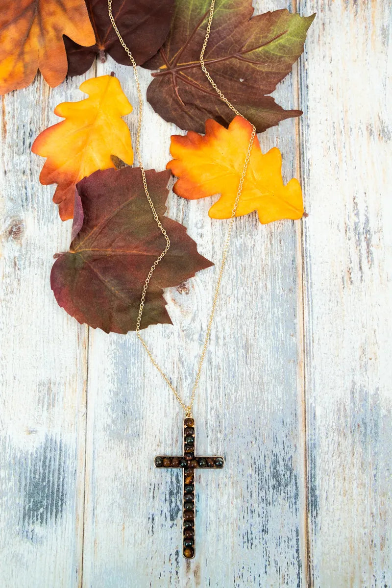 Alix Brown Stone Goldtone Cross Necklace